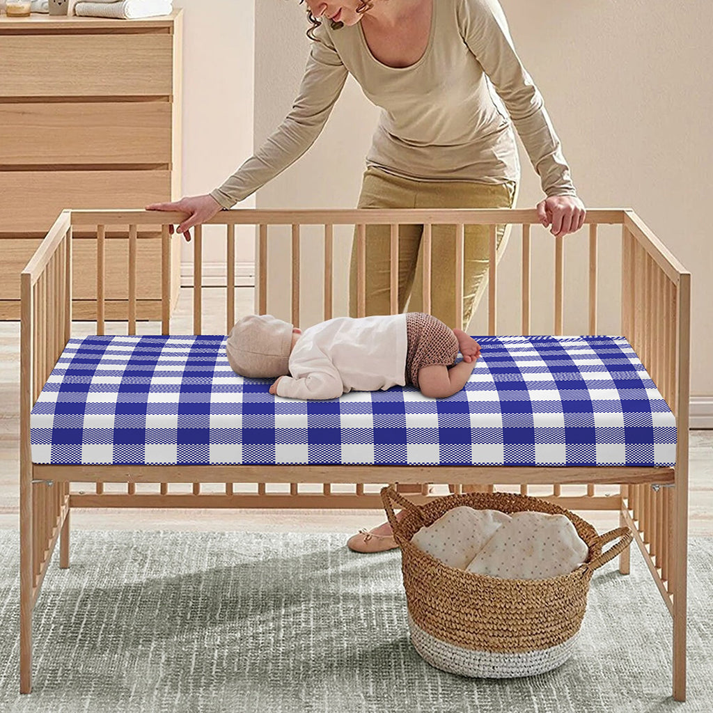 Indigo Blue And White Gingham Print Baby Crib Sheet