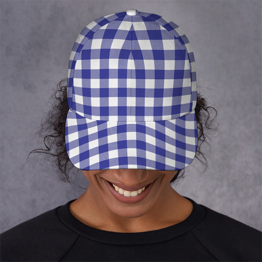 Indigo Blue And White Gingham Print Baseball Cap