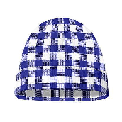 Indigo Blue And White Gingham Print Beanie