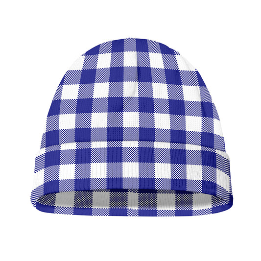 Indigo Blue And White Gingham Print Beanie
