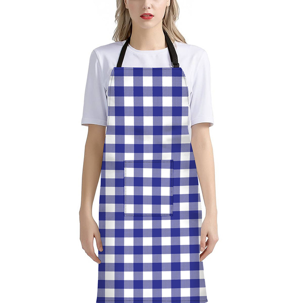 Indigo Blue And White Gingham Print Bib Apron With Pocket
