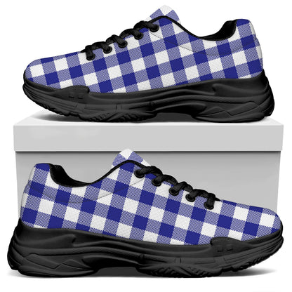 Indigo Blue And White Gingham Print Black Chunky Shoes