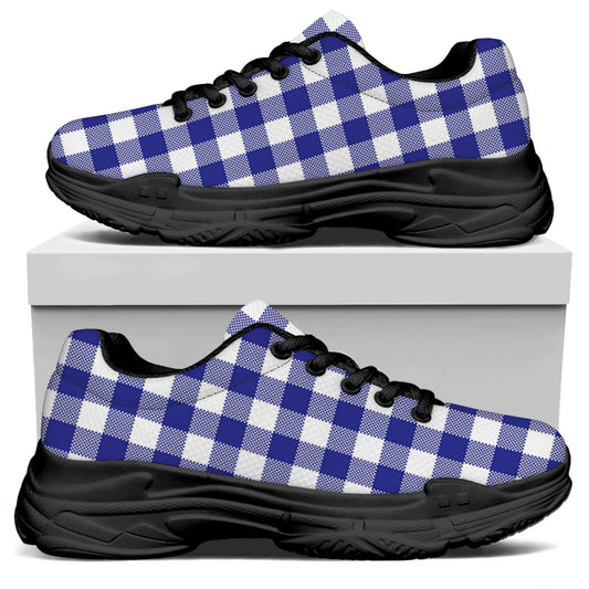 Indigo Blue And White Gingham Print Black Chunky Shoes
