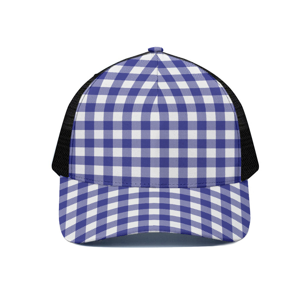 Indigo Blue And White Gingham Print Black Mesh Trucker Cap