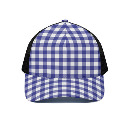 Indigo Blue And White Gingham Print Black Mesh Trucker Cap