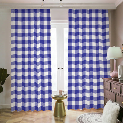 Indigo Blue And White Gingham Print Blackout Pencil Pleat Curtains