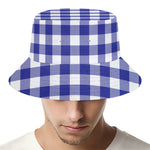 Indigo Blue And White Gingham Print Bucket Hat