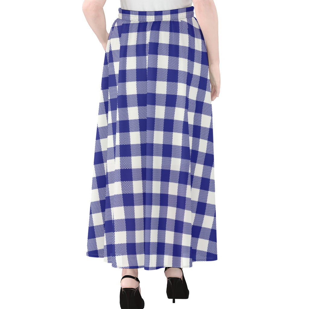 Indigo Blue And White Gingham Print Chiffon Maxi Skirt