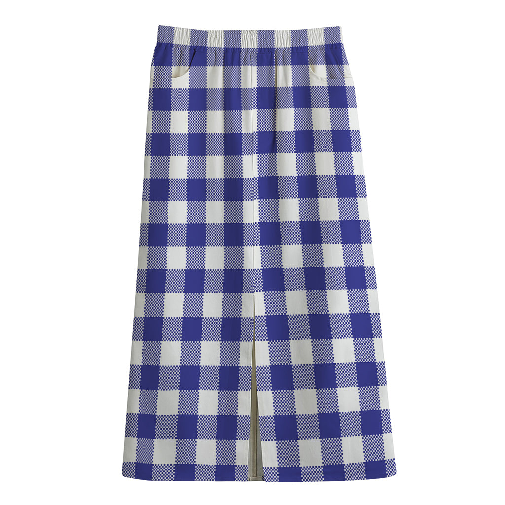 Indigo Blue And White Gingham Print Cotton Front Slit Maxi Skirt