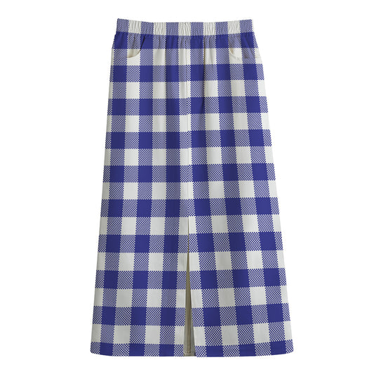 Indigo Blue And White Gingham Print Cotton Front Slit Maxi Skirt
