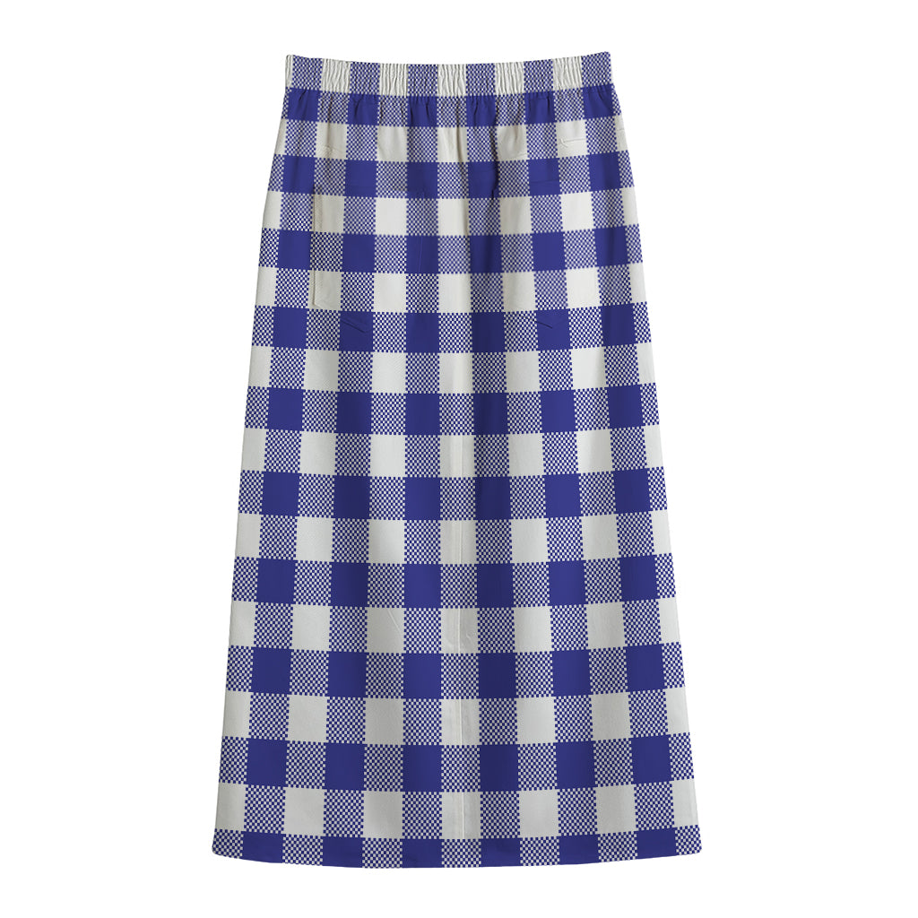 Indigo Blue And White Gingham Print Cotton Front Slit Maxi Skirt