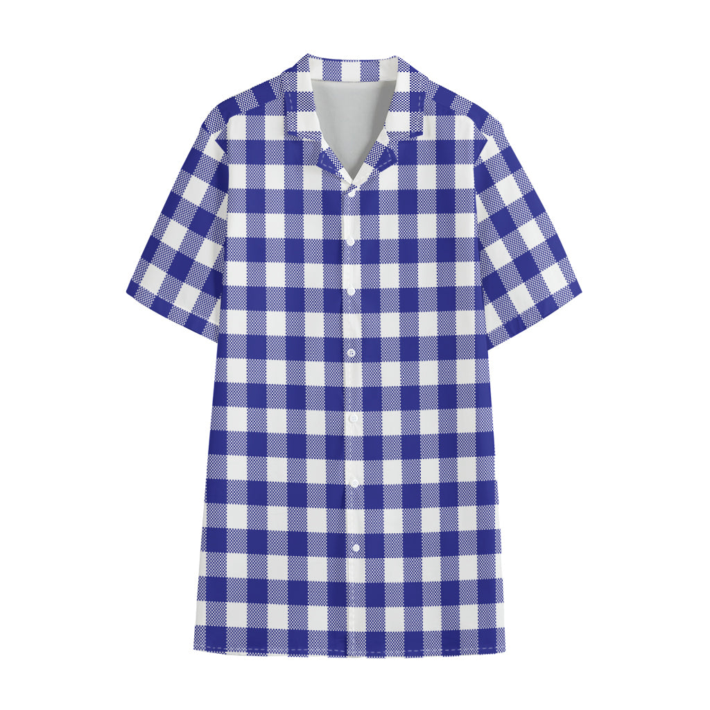 Indigo Blue And White Gingham Print Cotton Hawaiian Shirt