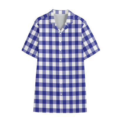 Indigo Blue And White Gingham Print Cotton Hawaiian Shirt