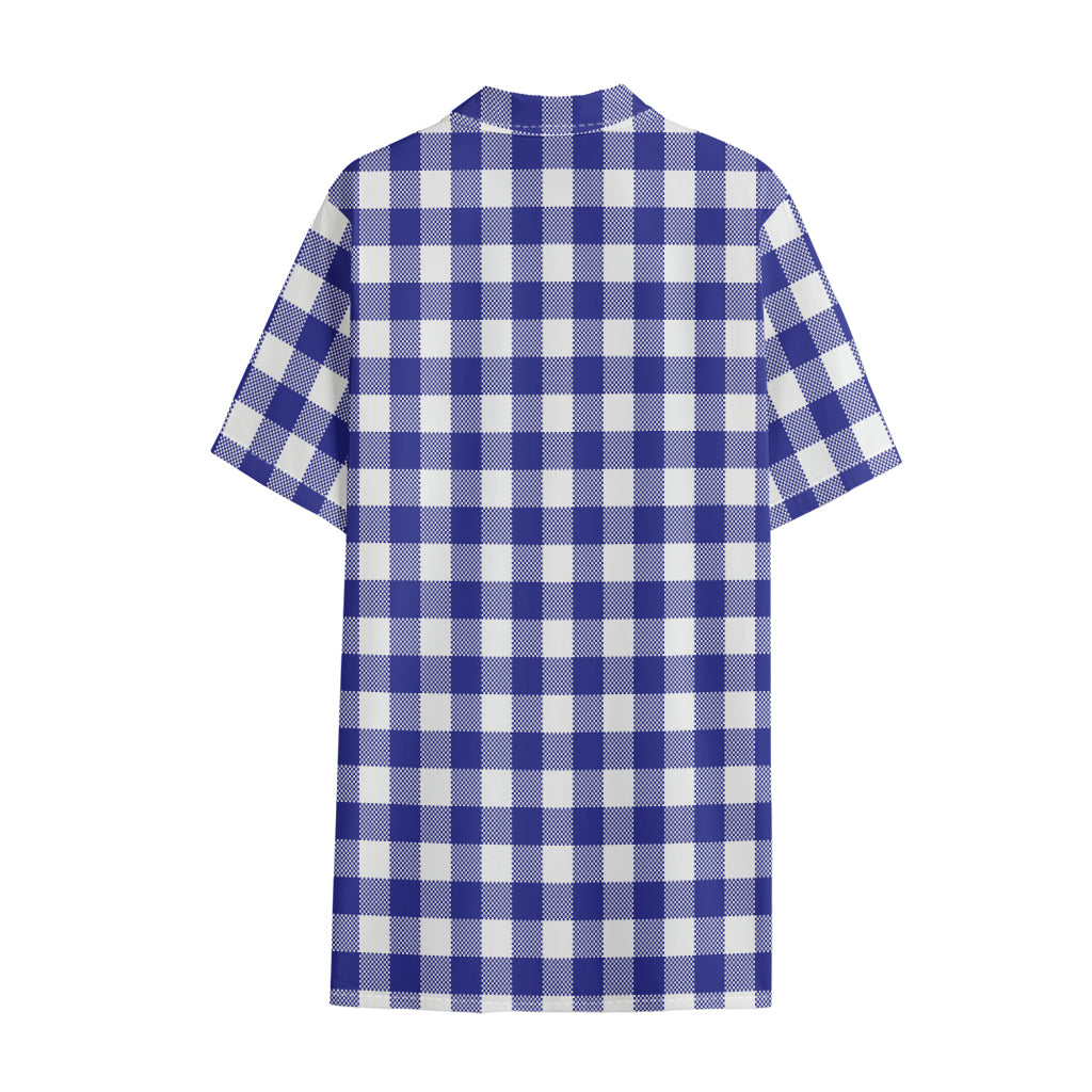 Indigo Blue And White Gingham Print Cotton Hawaiian Shirt