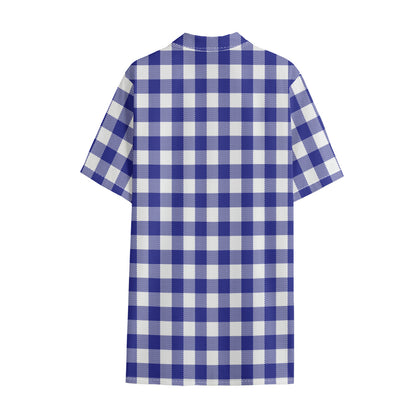 Indigo Blue And White Gingham Print Cotton Hawaiian Shirt