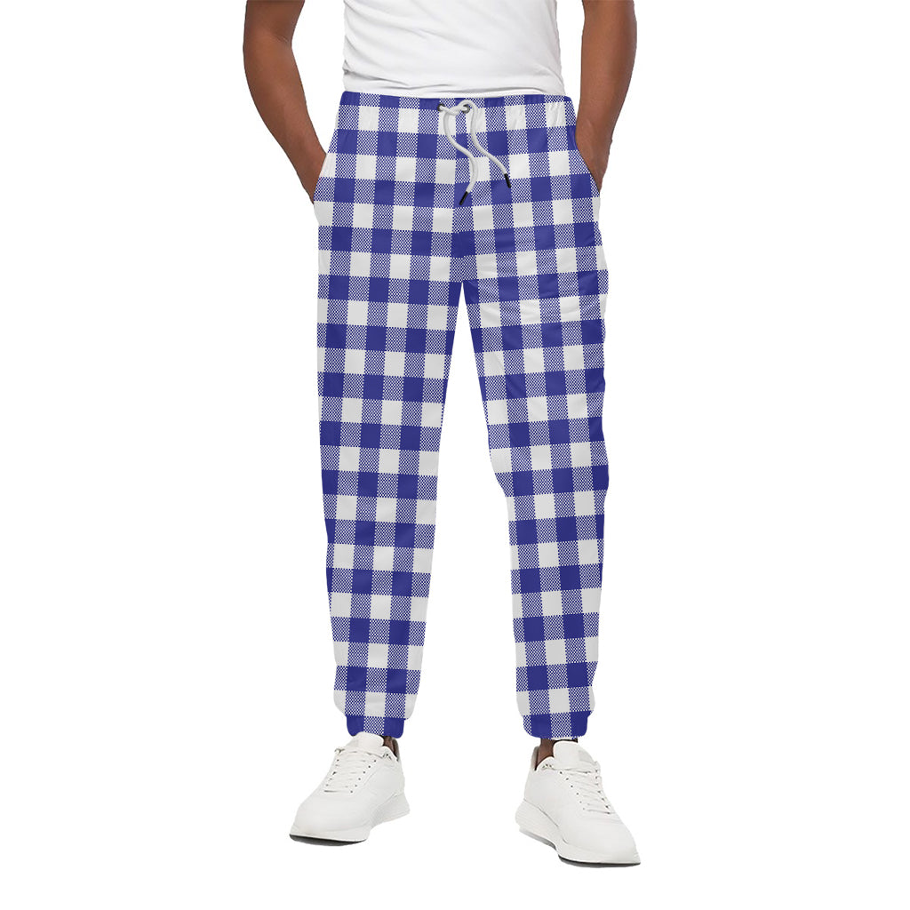 Indigo Blue And White Gingham Print Cotton Pants