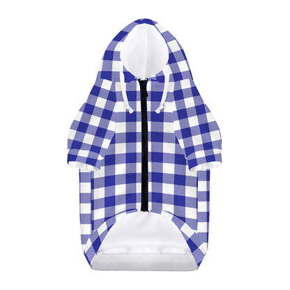 Indigo Blue And White Gingham Print Dog Zip Up Hoodie