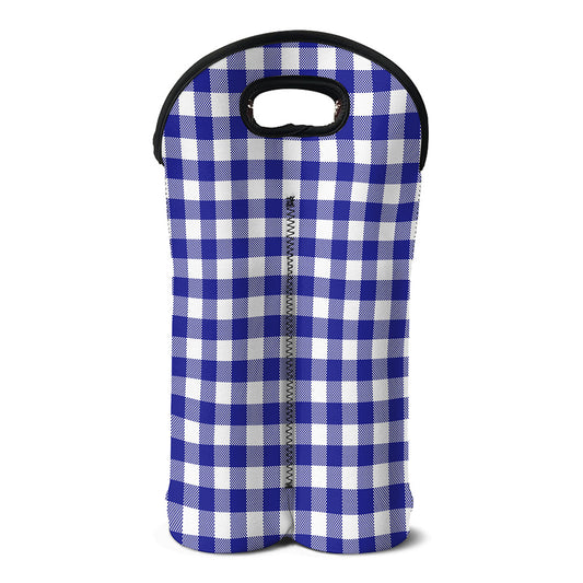 Indigo Blue And White Gingham Print Double Neoprene Wine Tote