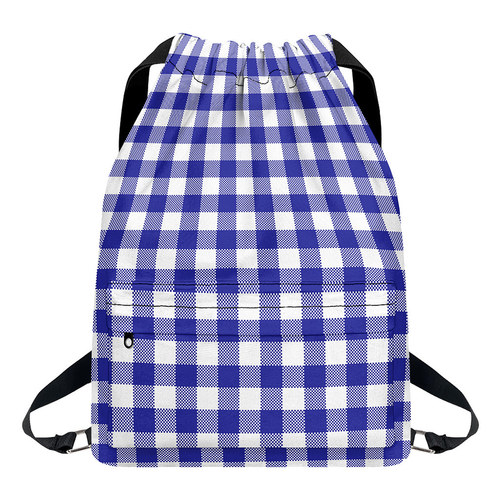 Indigo Blue And White Gingham Print Drawstring Backpack