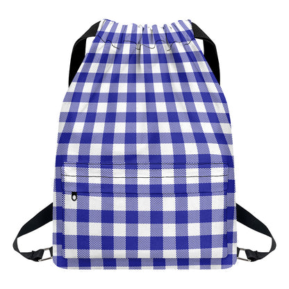 Indigo Blue And White Gingham Print Drawstring Backpack