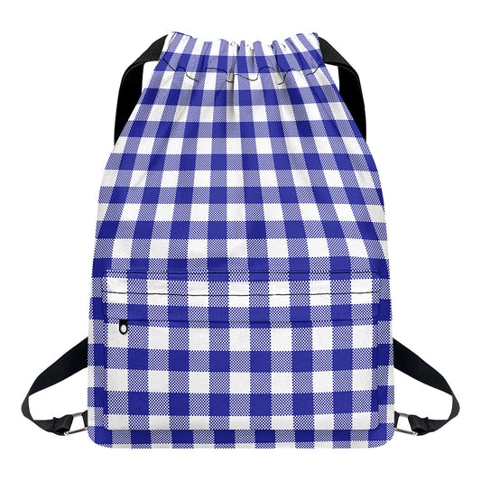 Indigo Blue And White Gingham Print Drawstring Backpack