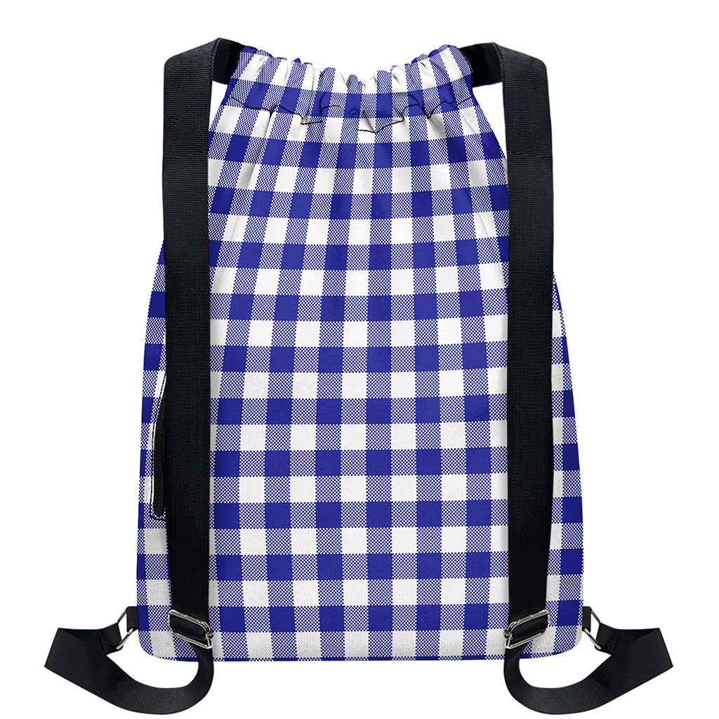 Indigo Blue And White Gingham Print Drawstring Backpack
