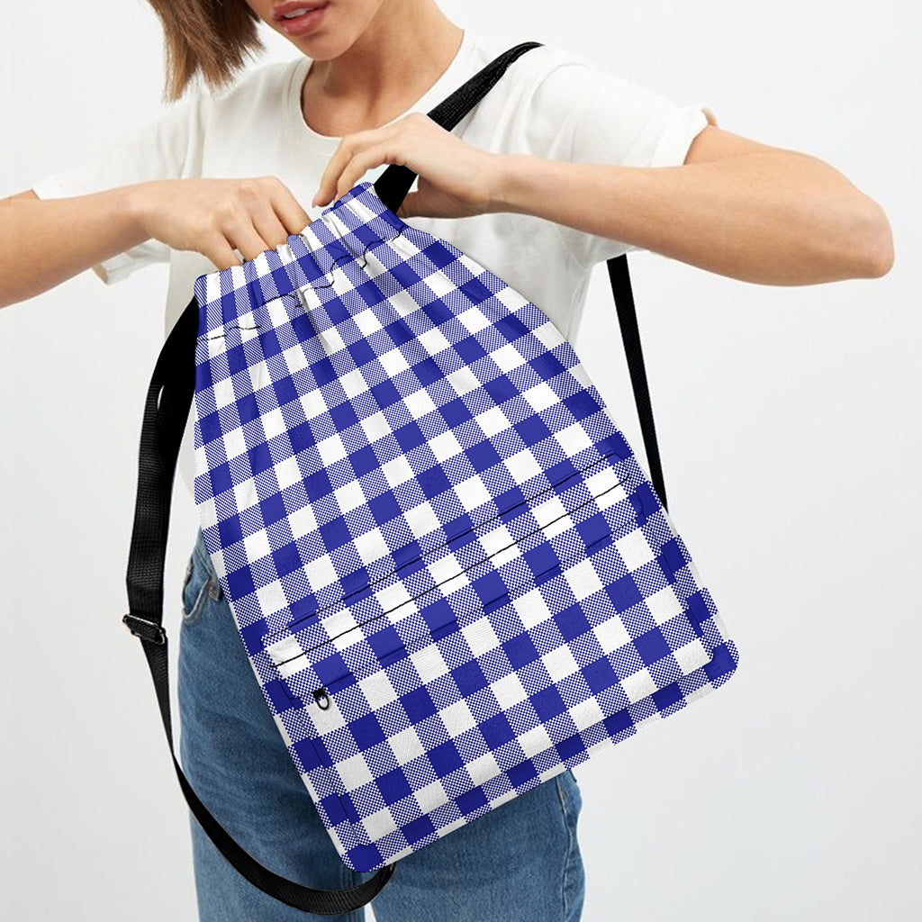 Indigo Blue And White Gingham Print Drawstring Backpack