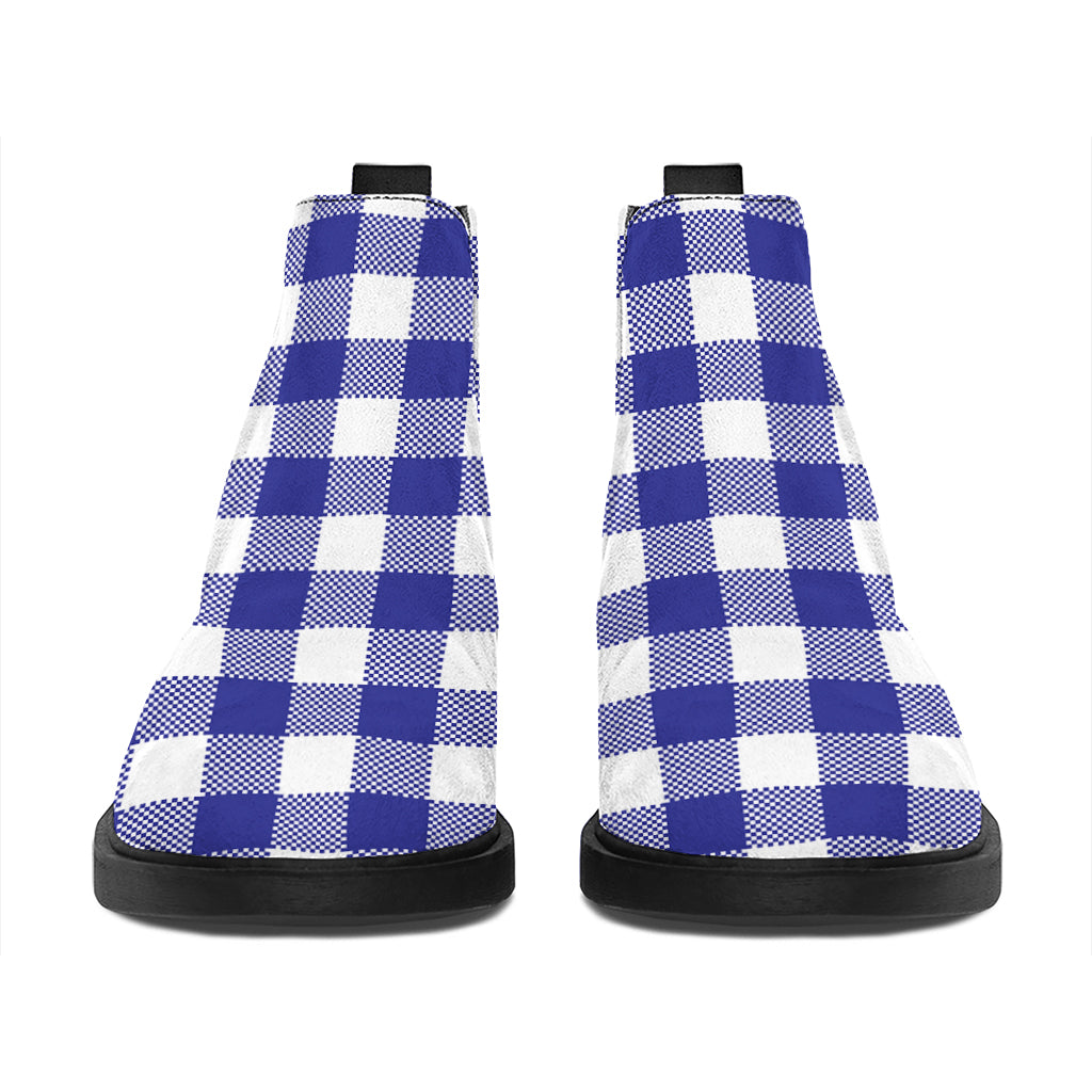 Indigo Blue And White Gingham Print Flat Ankle Boots