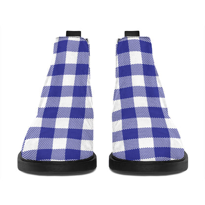 Indigo Blue And White Gingham Print Flat Ankle Boots