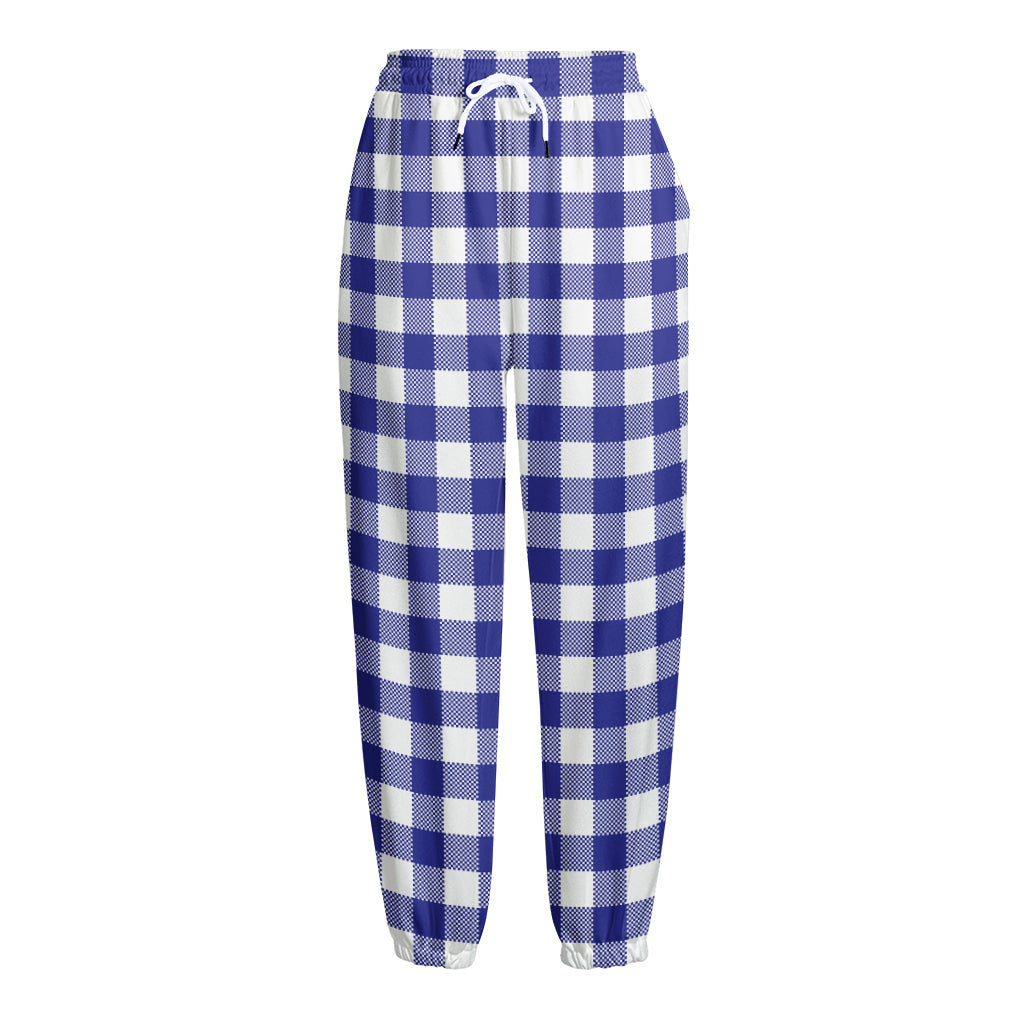 Indigo Blue And White Gingham Print Fleece Lined Knit Pants