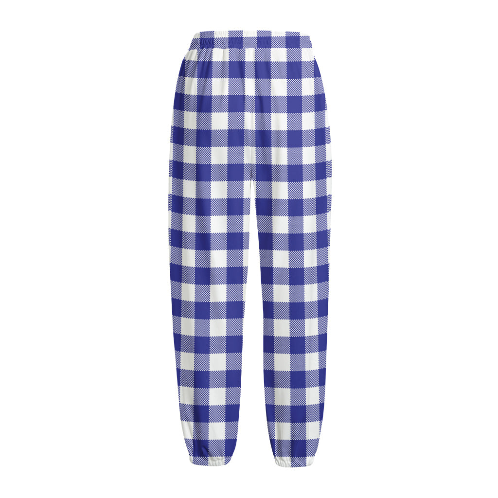 Indigo Blue And White Gingham Print Fleece Lined Knit Pants