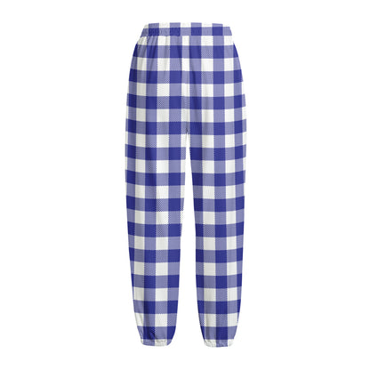 Indigo Blue And White Gingham Print Fleece Lined Knit Pants