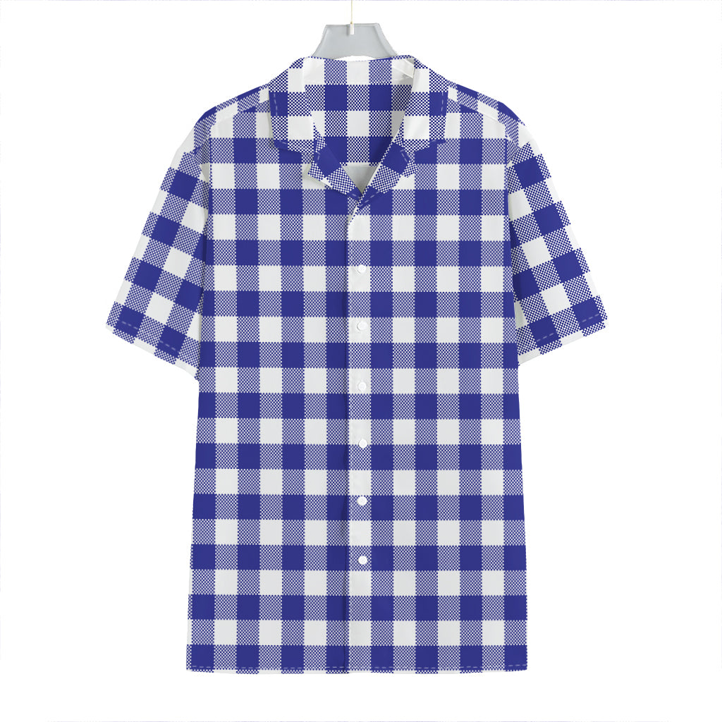 Indigo Blue And White Gingham Print Hawaiian Shirt