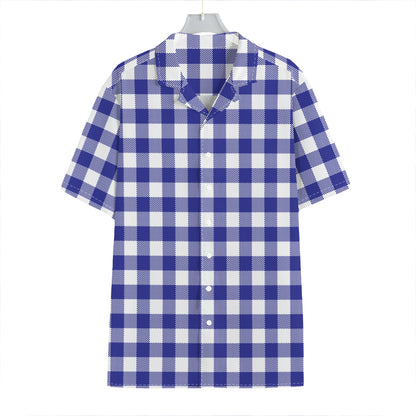 Indigo Blue And White Gingham Print Hawaiian Shirt