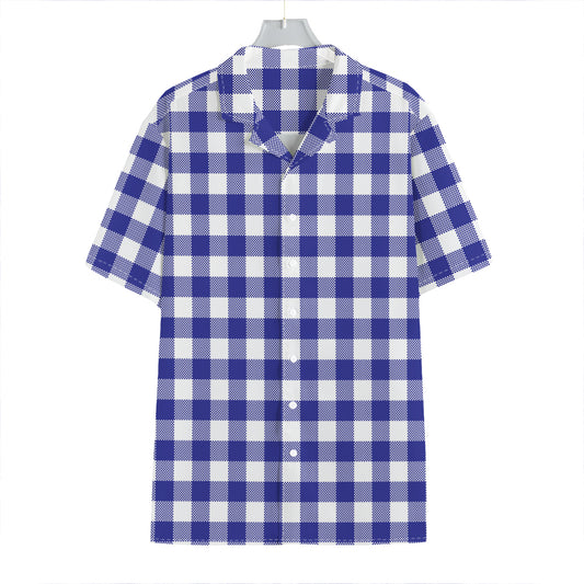 Indigo Blue And White Gingham Print Hawaiian Shirt
