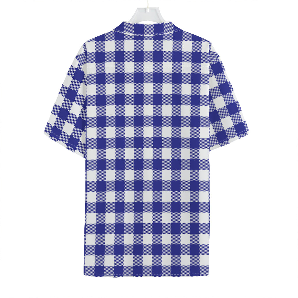Indigo Blue And White Gingham Print Hawaiian Shirt