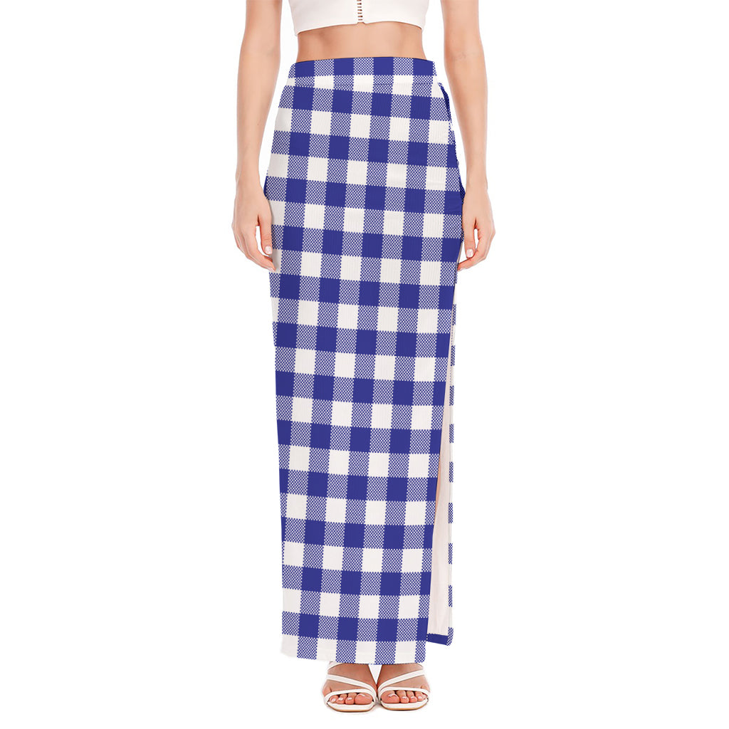 Indigo Blue And White Gingham Print High Slit Maxi Skirt
