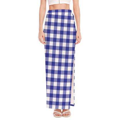 Indigo Blue And White Gingham Print High Slit Maxi Skirt