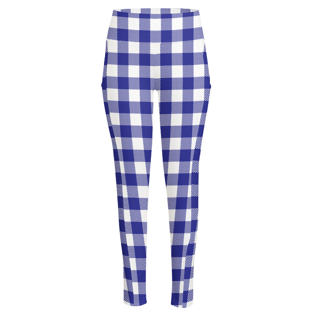 Indigo Blue And White Gingham Print High-Waisted Pocket Leggings