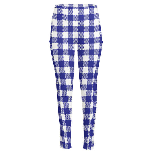 Indigo Blue And White Gingham Print High-Waisted Pocket Leggings