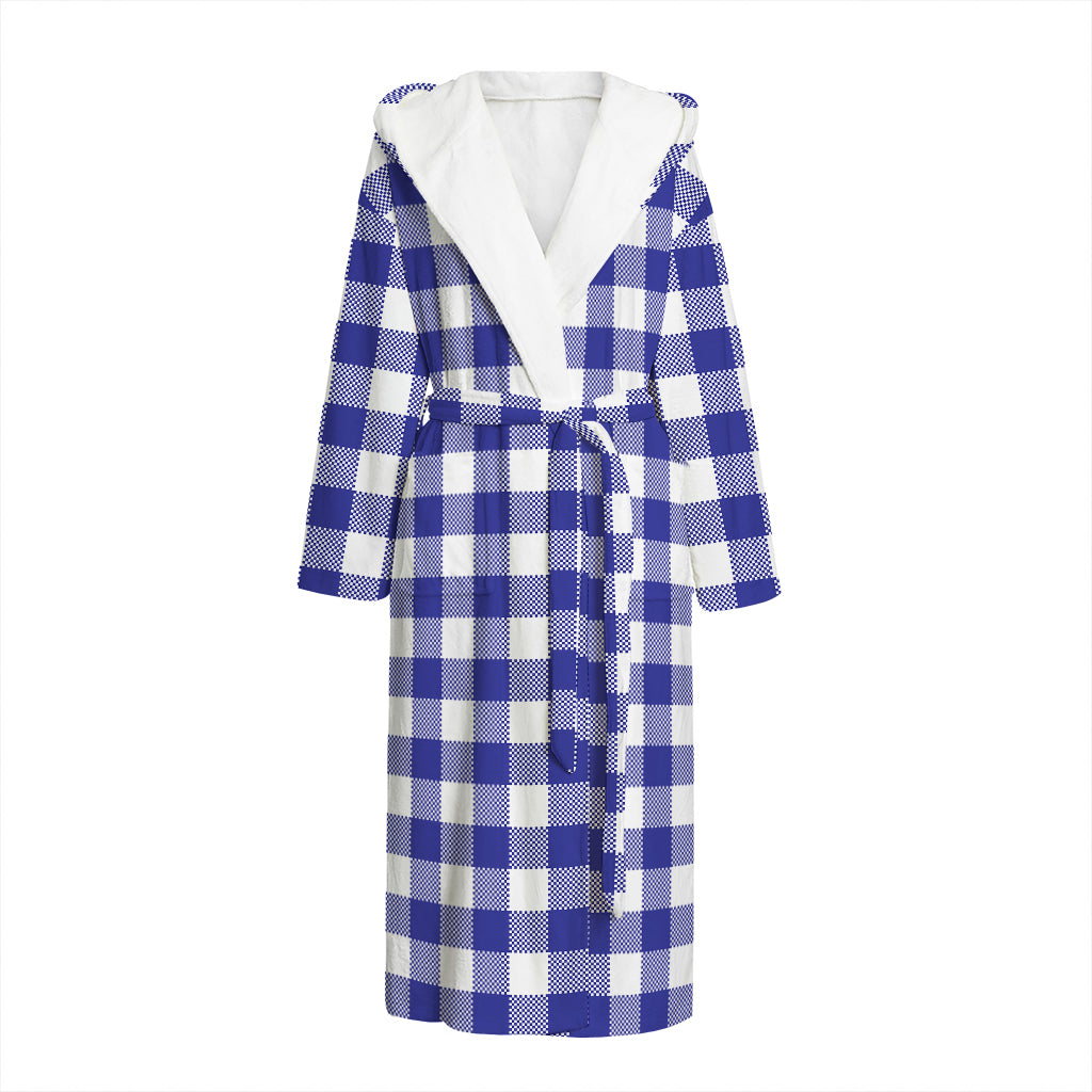 Indigo Blue And White Gingham Print Hooded Bathrobe