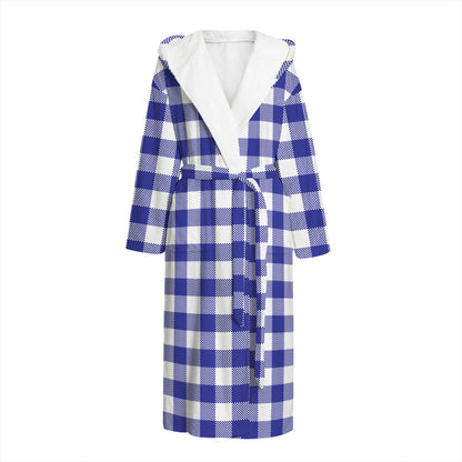Indigo Blue And White Gingham Print Hooded Bathrobe