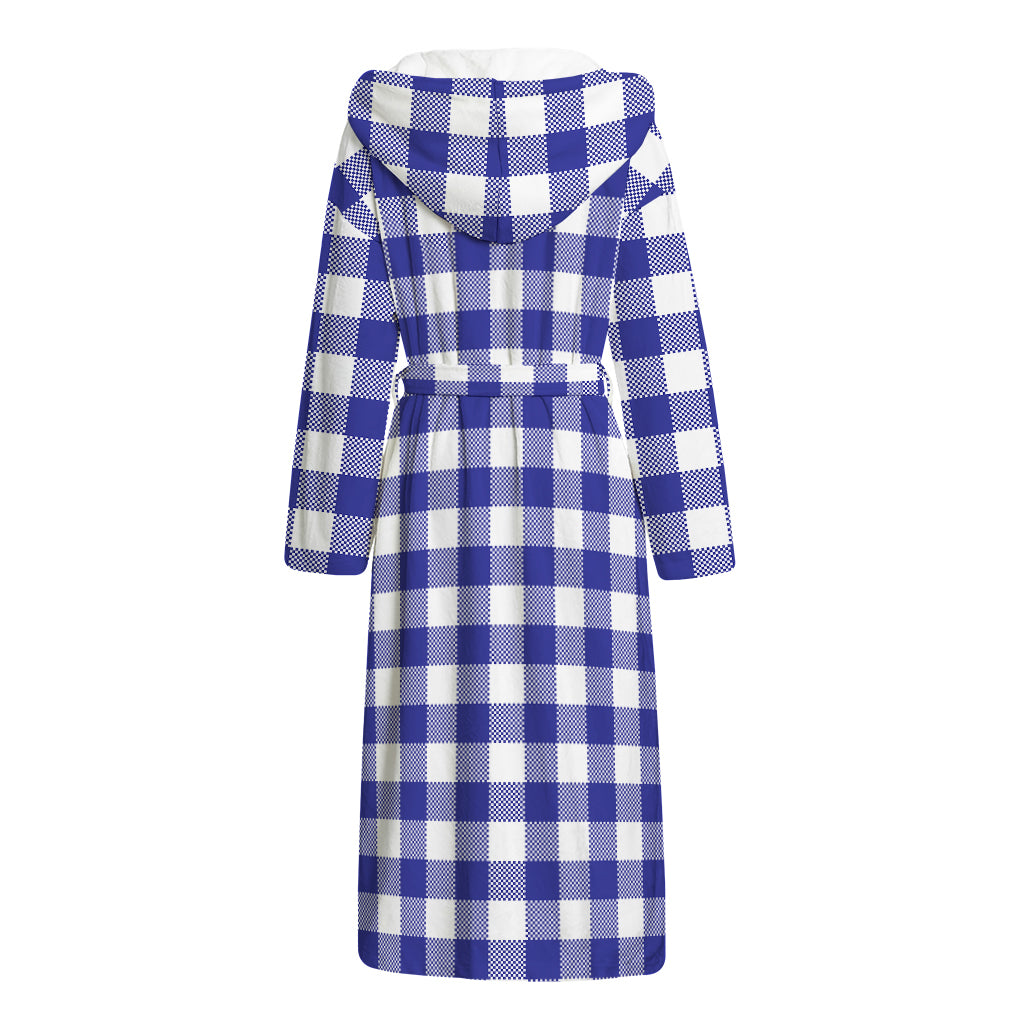 Indigo Blue And White Gingham Print Hooded Bathrobe
