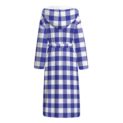 Indigo Blue And White Gingham Print Hooded Bathrobe