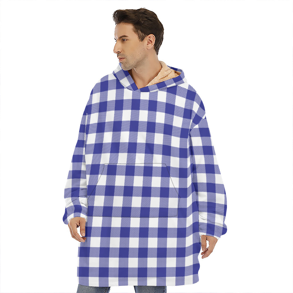 Indigo Blue And White Gingham Print Hoodie Blanket