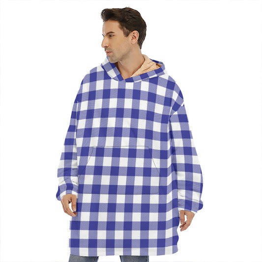Indigo Blue And White Gingham Print Hoodie Blanket