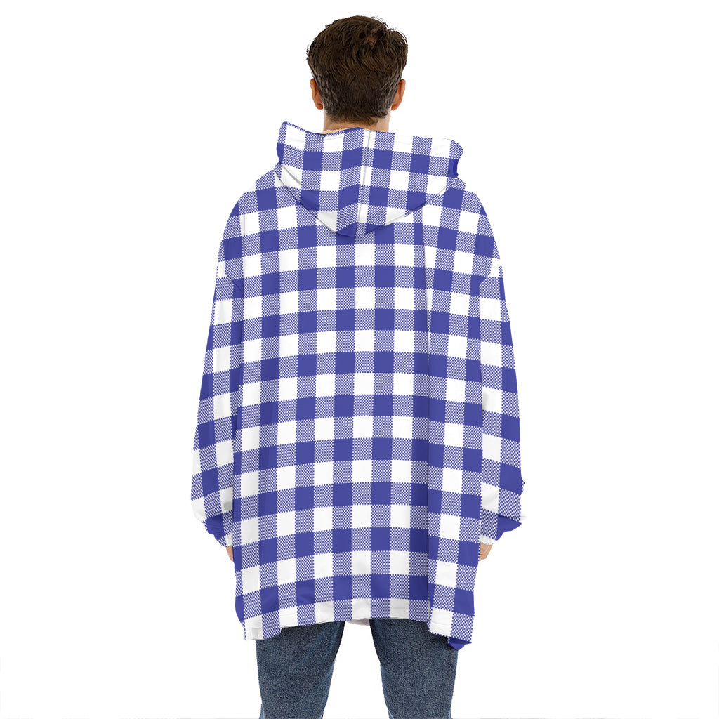 Indigo Blue And White Gingham Print Hoodie Blanket