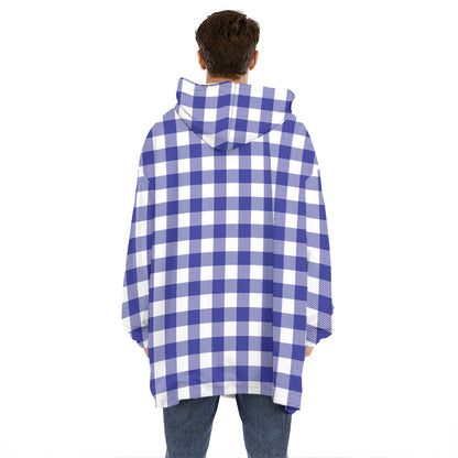 Indigo Blue And White Gingham Print Hoodie Blanket