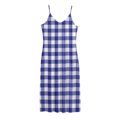 Indigo Blue And White Gingham Print Jersey Midi Cami Dress