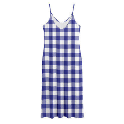 Indigo Blue And White Gingham Print Jersey Midi Cami Dress